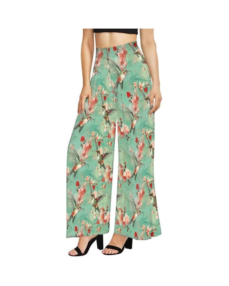 Women High Waisted Loose Fit Wide Leg Ankle Pants, Abstract Color Splatter Casual Trousers Soft Long Lounge Slacks Hummingbir...