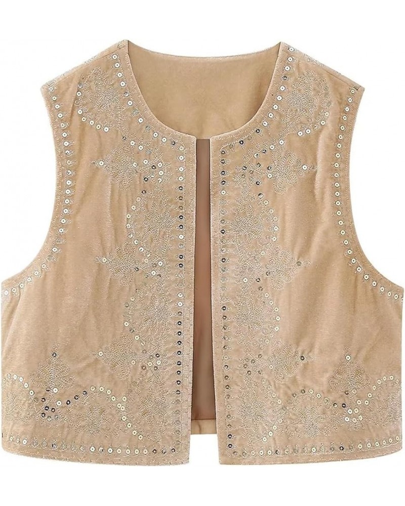 Women Vintage Embroidered Floral Vest Y2k Linen Open Front Cardigan Sleeveless Boho Short Croped Waistcoat Vests A-khaki $12....