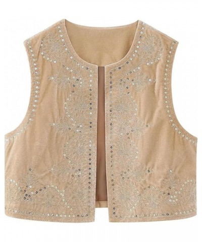 Women Vintage Embroidered Floral Vest Y2k Linen Open Front Cardigan Sleeveless Boho Short Croped Waistcoat Vests A-khaki $12....