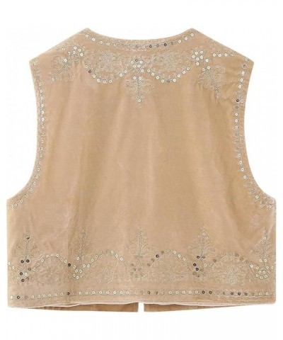 Women Vintage Embroidered Floral Vest Y2k Linen Open Front Cardigan Sleeveless Boho Short Croped Waistcoat Vests A-khaki $12....