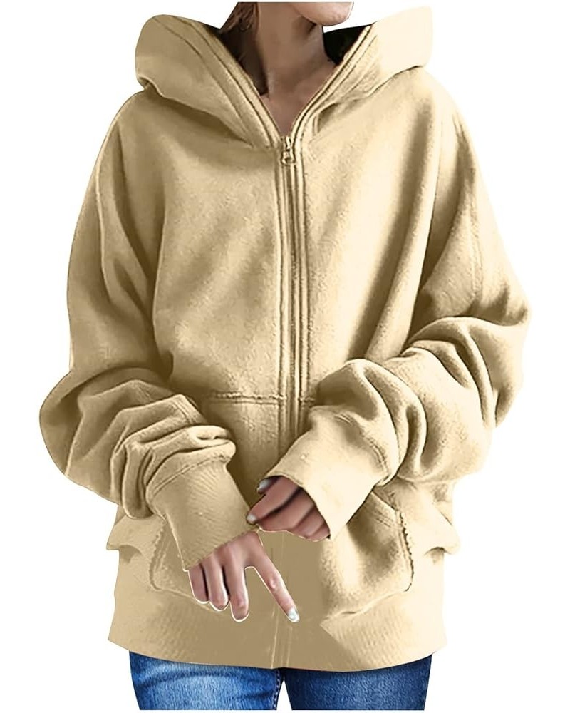 Oversized Zipper Hooded Jackets for Women Plus Size Casual Fleece Long Sleeve Hoodie Sweatshirts with Pocket S-5XL A-beige $1...