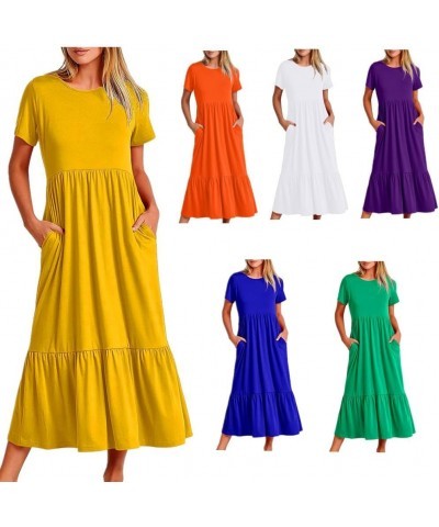 Women's 2023 Summer Casual Short Sleeve Crewneck Swing Dress Casual Flowy Tiered Maxi Beach Dress with Pockets Yellow $12.25 ...