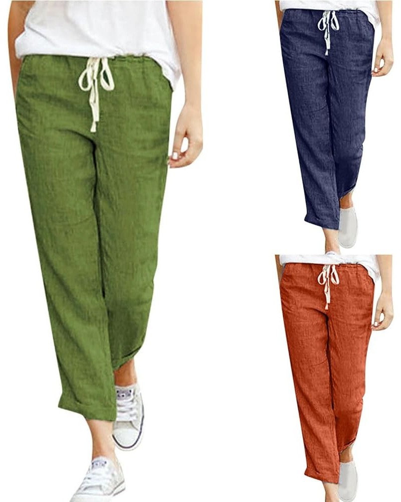 Linen Pants for Women Drawstring Elastic Waist Cotton Pants Cuffed Hem Ankle Trousers Straight Leg Capris Pants 01 Green $6.2...