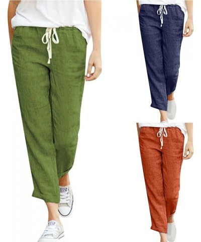 Linen Pants for Women Drawstring Elastic Waist Cotton Pants Cuffed Hem Ankle Trousers Straight Leg Capris Pants 01 Green $6.2...