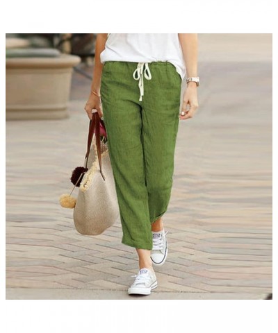 Linen Pants for Women Drawstring Elastic Waist Cotton Pants Cuffed Hem Ankle Trousers Straight Leg Capris Pants 01 Green $6.2...