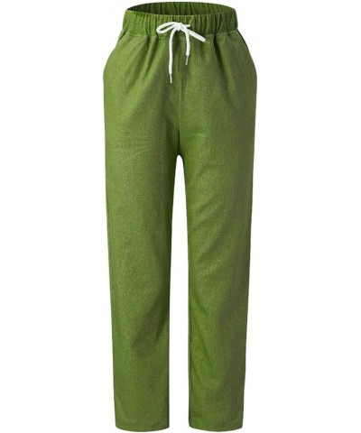 Linen Pants for Women Drawstring Elastic Waist Cotton Pants Cuffed Hem Ankle Trousers Straight Leg Capris Pants 01 Green $6.2...