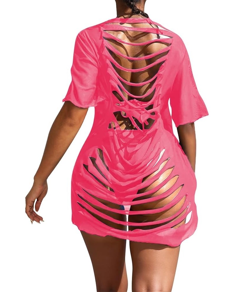 Womens Mesh Ripped Bathing Suit Cover Up Swimsuit Coverup for Women Sexy Cover Ups for Swimwear Hot Pink $10.72 Swimsuits