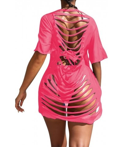 Womens Mesh Ripped Bathing Suit Cover Up Swimsuit Coverup for Women Sexy Cover Ups for Swimwear Hot Pink $10.72 Swimsuits