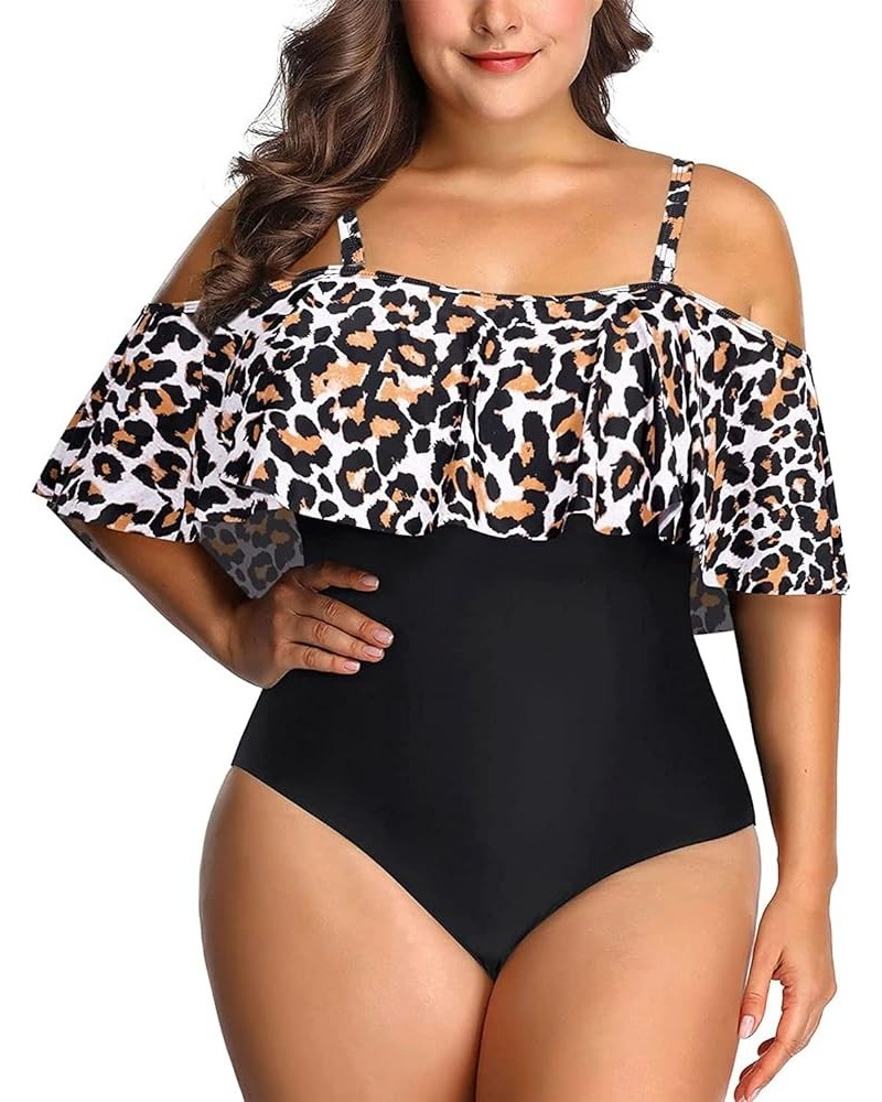 Women Off Shoulder Plus Size One Piece Swimsuits Tummy Control Bathing Suits Ruffle Swimwear Leopard1 $17.93 Swimsuits