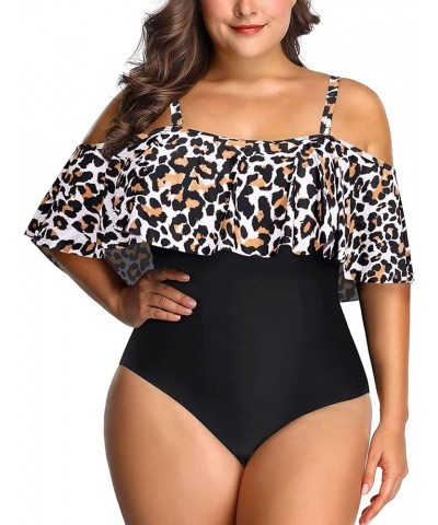 Women Off Shoulder Plus Size One Piece Swimsuits Tummy Control Bathing Suits Ruffle Swimwear Leopard1 $17.93 Swimsuits