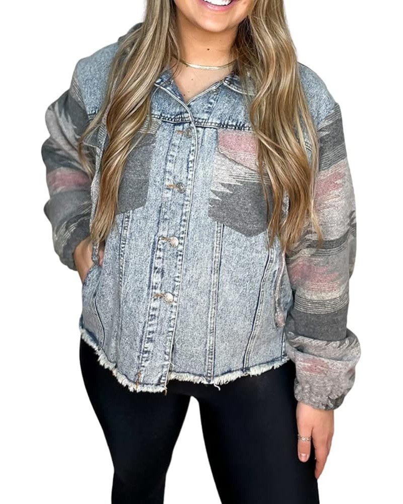 Womens Aztec Print Jean Jacket With Hoodie Frayed Hem Washed Button Detachable Denim Jacket Coat Pink $29.06 Jackets