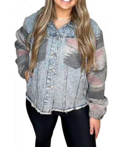 Womens Aztec Print Jean Jacket With Hoodie Frayed Hem Washed Button Detachable Denim Jacket Coat Pink $29.06 Jackets