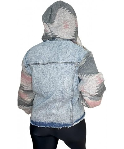 Womens Aztec Print Jean Jacket With Hoodie Frayed Hem Washed Button Detachable Denim Jacket Coat Pink $29.06 Jackets