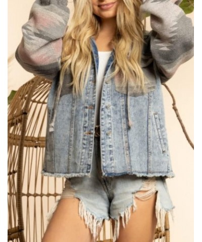 Womens Aztec Print Jean Jacket With Hoodie Frayed Hem Washed Button Detachable Denim Jacket Coat Pink $29.06 Jackets