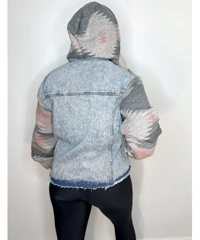 Womens Aztec Print Jean Jacket With Hoodie Frayed Hem Washed Button Detachable Denim Jacket Coat Pink $29.06 Jackets