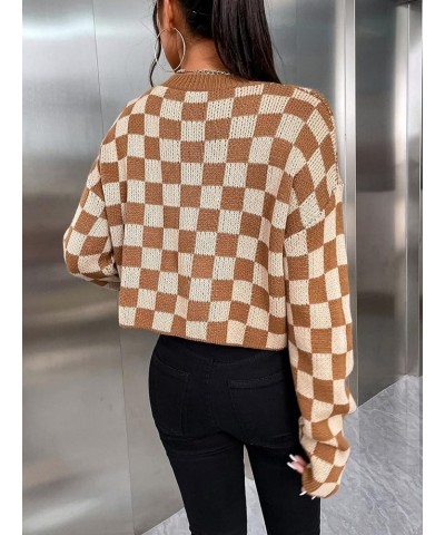 Sweaters for Women Checkered Long Sleeve Crewneck Pullover Jumper Tops Brown $17.39 Sweaters