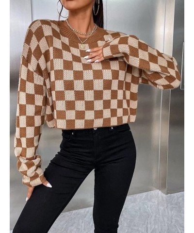 Sweaters for Women Checkered Long Sleeve Crewneck Pullover Jumper Tops Brown $17.39 Sweaters