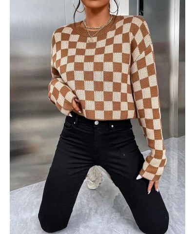 Sweaters for Women Checkered Long Sleeve Crewneck Pullover Jumper Tops Brown $17.39 Sweaters