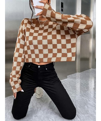 Sweaters for Women Checkered Long Sleeve Crewneck Pullover Jumper Tops Brown $17.39 Sweaters