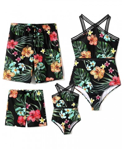 Family Matching Swimsuits Crisscross One Piece Swimwear Floral Printed Bathing Suits Men Green $11.19 Swimsuits