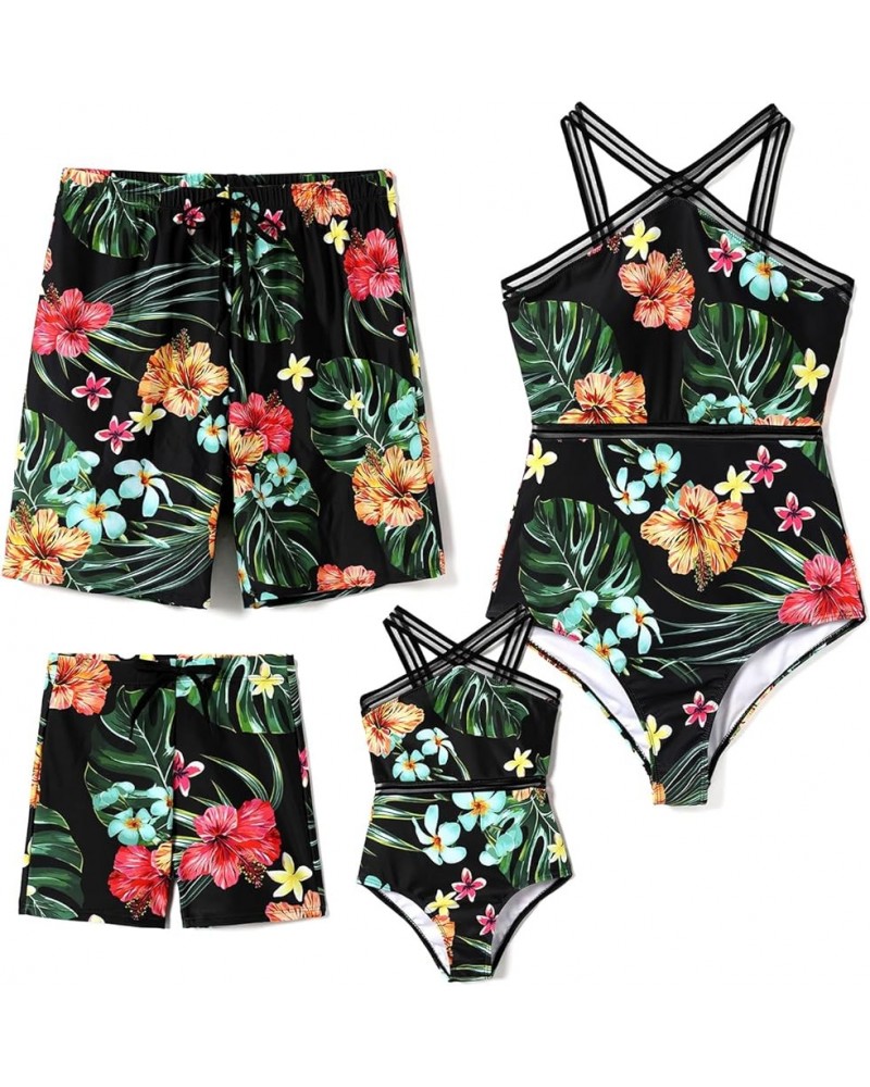 Family Matching Swimsuits Crisscross One Piece Swimwear Floral Printed Bathing Suits Men Green $11.19 Swimsuits