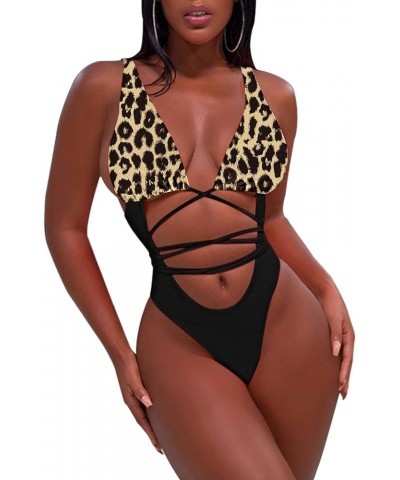 Women's Sexy One Piece Swimsuits Bikini Bathing Suit Leopard Top Match Black Bottom and String $18.14 Swimsuits