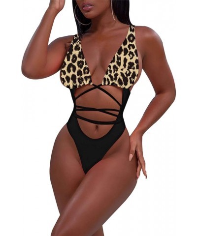 Women's Sexy One Piece Swimsuits Bikini Bathing Suit Leopard Top Match Black Bottom and String $18.14 Swimsuits