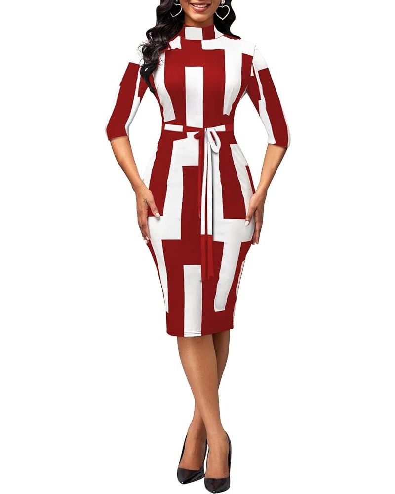 Womes Printted Bodycon 3/4 Sleeve Church Business Midi Pencil Dress with Belt 11904red $17.22 Dresses