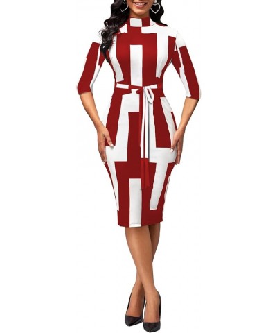 Womes Printted Bodycon 3/4 Sleeve Church Business Midi Pencil Dress with Belt 11904red $17.22 Dresses