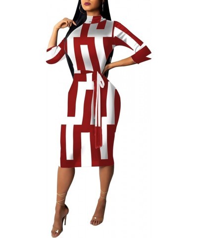 Womes Printted Bodycon 3/4 Sleeve Church Business Midi Pencil Dress with Belt 11904red $17.22 Dresses