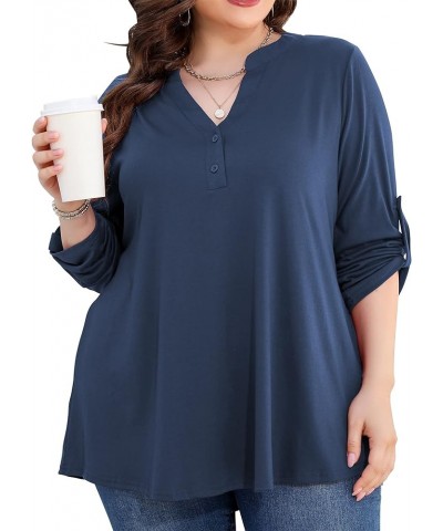 Plus Size Tops for Women 3/4 Roll Long Sleeves Shirts Notch V Neck Summer Tunics Blouses with Buttons Blue $15.59 Tops