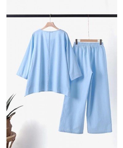 Women Linen Two Piece Pants Suit Cotton Linen Long Sleeve Shirt and Wide Leg Trousers Casual Loose 2 Piece Women's Outfits Bl...