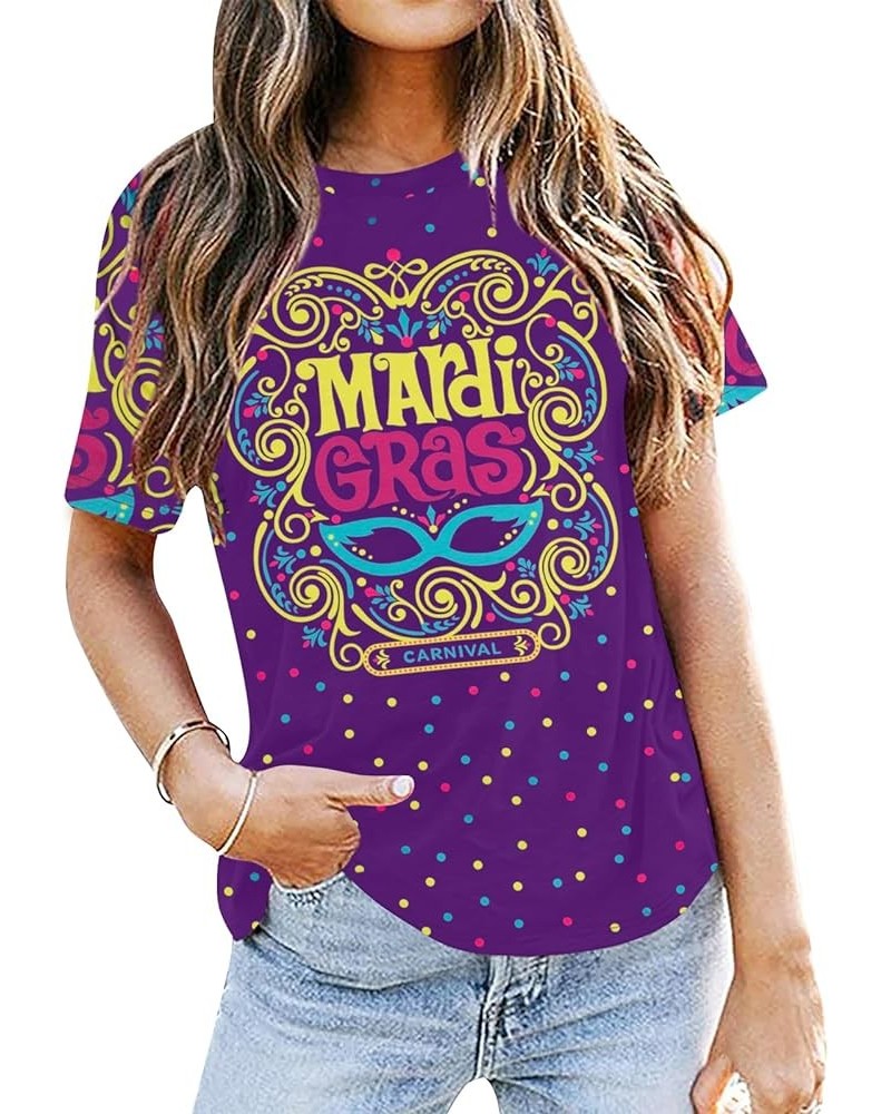 Mardi Gras Shirt Women Mask Graphic Tshirt Crazy Parade Street Carnival Themed Short Sleeve Tee Tops Purple $8.31 T-Shirts