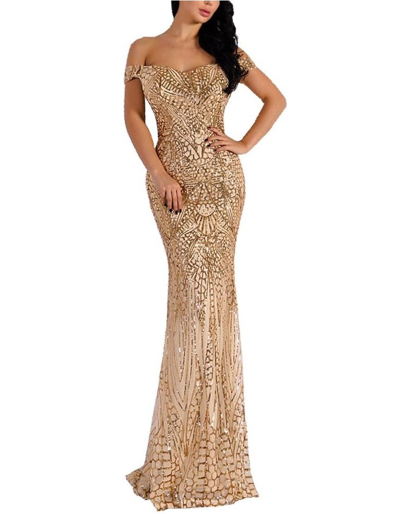 Women's Off Shoulder Sequined Evening Party Maxi Dress for Prom Gold $38.22 Dresses