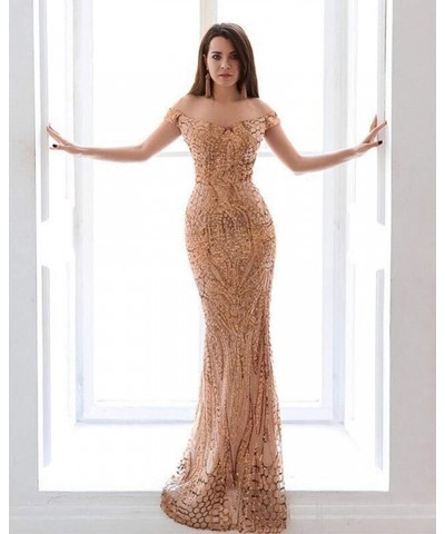 Women's Off Shoulder Sequined Evening Party Maxi Dress for Prom Gold $38.22 Dresses