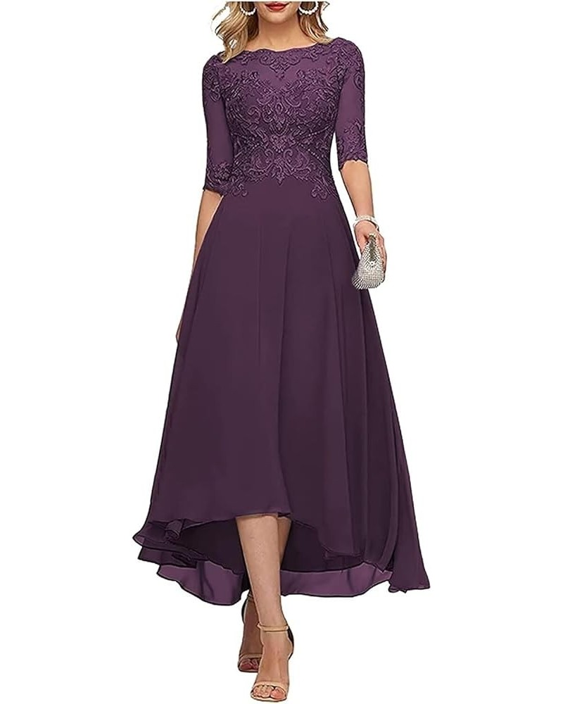 Lace Appliques Mother of The Bride Dress 3/4 Sleeves A line Tea Length Chiffon Formal Wedding Party Prom Gowns for Women Plum...