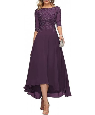 Lace Appliques Mother of The Bride Dress 3/4 Sleeves A line Tea Length Chiffon Formal Wedding Party Prom Gowns for Women Plum...