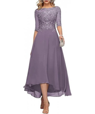 Lace Appliques Mother of The Bride Dress 3/4 Sleeves A line Tea Length Chiffon Formal Wedding Party Prom Gowns for Women Plum...