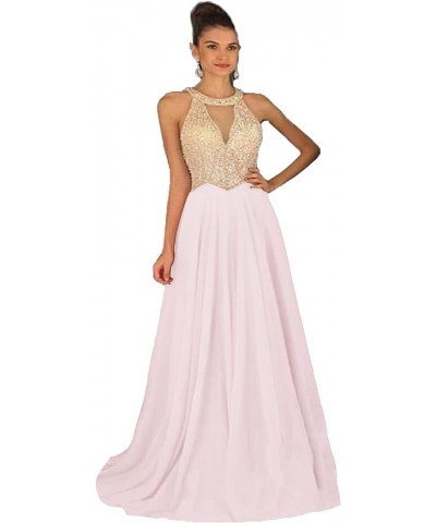 Women's Crystal Beaded Prom Dresses 2024 Long Chiffon Long Evening Gowns Formal Pink $32.70 Dresses