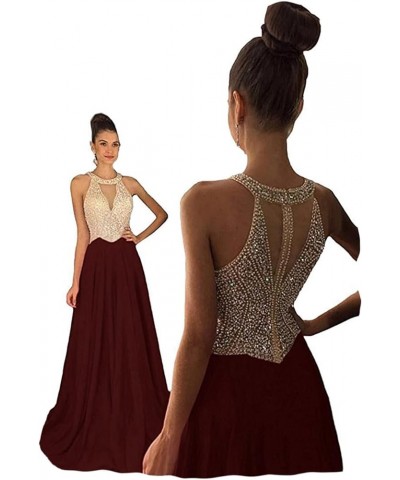 Women's Crystal Beaded Prom Dresses 2024 Long Chiffon Long Evening Gowns Formal Pink $32.70 Dresses