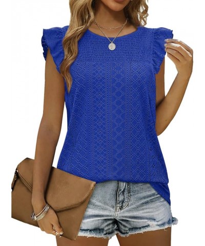 Womens Summer Trendy Tank Tops Eyelet Smocked Crewneck Ruffle Cap Sleeve Shirts Blouse Royal Blue $12.74 Blouses