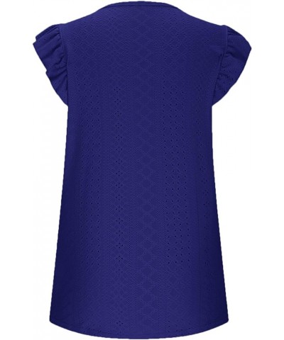 Womens Summer Trendy Tank Tops Eyelet Smocked Crewneck Ruffle Cap Sleeve Shirts Blouse Royal Blue $12.74 Blouses