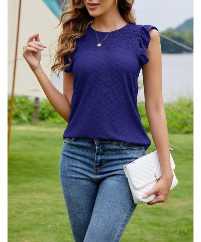 Womens Summer Trendy Tank Tops Eyelet Smocked Crewneck Ruffle Cap Sleeve Shirts Blouse Royal Blue $12.74 Blouses