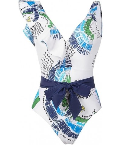 Women One Piece Swimsuit Ruffle V Neck Floral Print Bathing Suits Beachwear Padded Monokini 16003-blue $15.75 Swimsuits