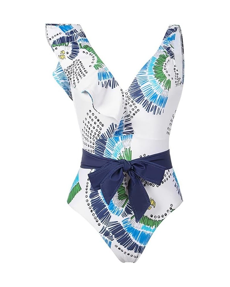 Women One Piece Swimsuit Ruffle V Neck Floral Print Bathing Suits Beachwear Padded Monokini 16003-blue $15.75 Swimsuits