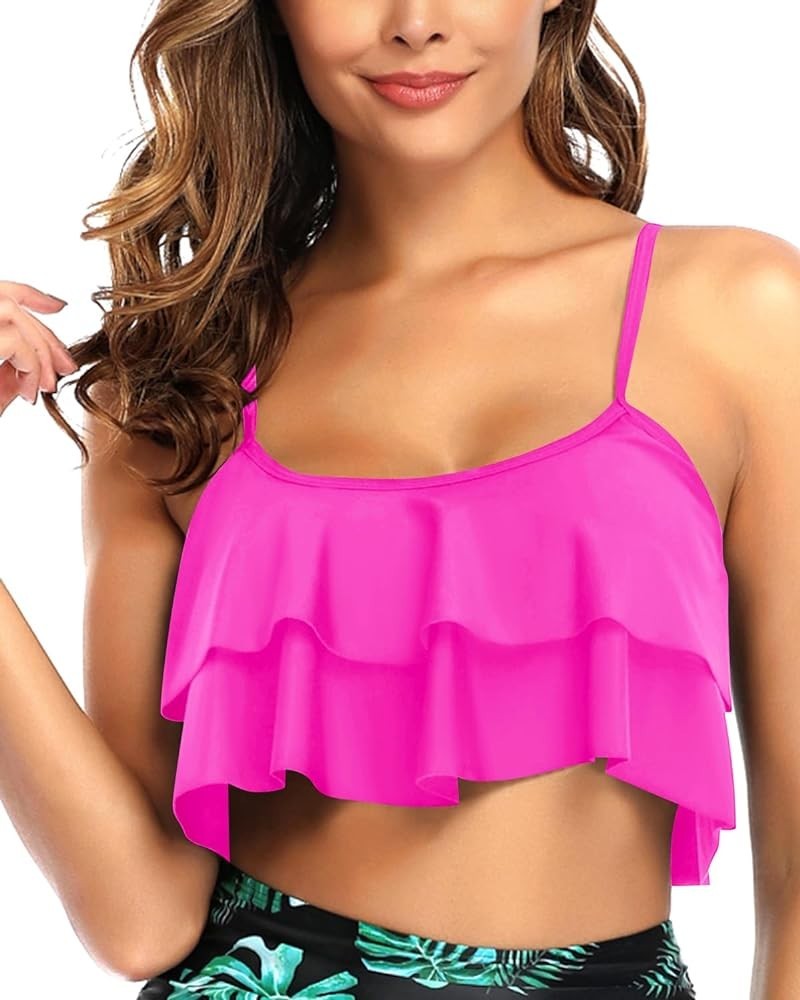 Ruffled Bikini Top Flounce Swim Top Falbala Swimsuit Tank Top for Women Rose Pink $15.67 Swimsuits