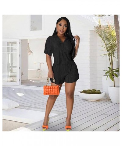 Summer Sexy 2 Piece Outfits for Women Casual Pleated Button Down Shirt Shorts Sweatsuits Tracksuits Sets Black01 $24.37 Activ...