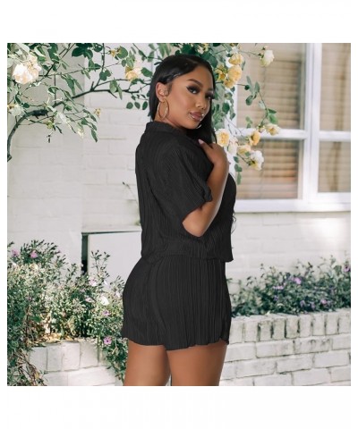 Summer Sexy 2 Piece Outfits for Women Casual Pleated Button Down Shirt Shorts Sweatsuits Tracksuits Sets Black01 $24.37 Activ...