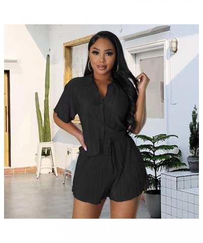 Summer Sexy 2 Piece Outfits for Women Casual Pleated Button Down Shirt Shorts Sweatsuits Tracksuits Sets Black01 $24.37 Activ...