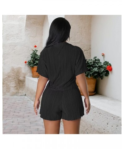 Summer Sexy 2 Piece Outfits for Women Casual Pleated Button Down Shirt Shorts Sweatsuits Tracksuits Sets Black01 $24.37 Activ...